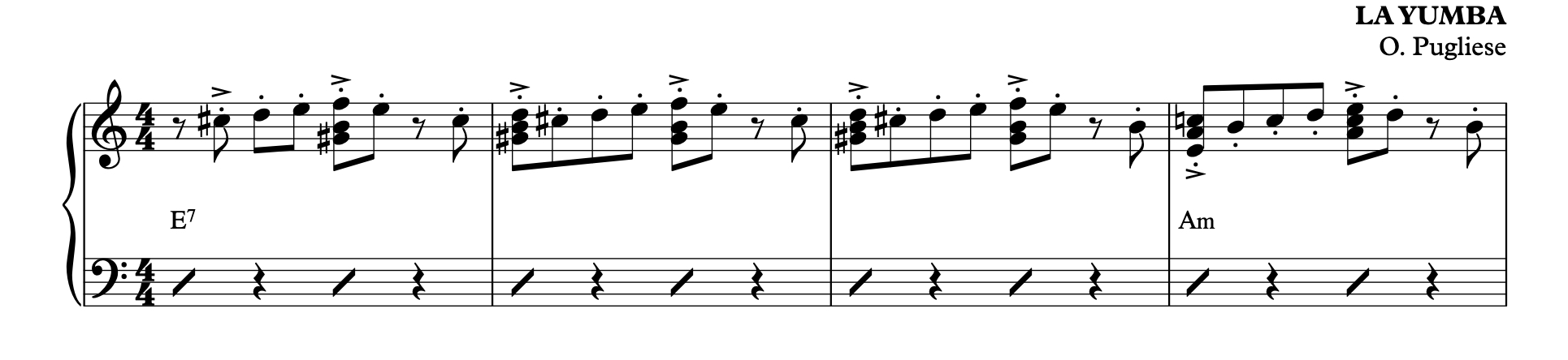 Four measures music transcription. Bandoneones play both accompaniment and melody. Three measures of of E7 (dominant chord) and ends with one measure of Am. Accompaniment is on beats one and three with beats two and four resting. Melodic line in eighth notes begins on C-sharp 5 and rises to F5 three times. It ends with B4 going to E5 and the melodic line supports the harmony on the downbeat.