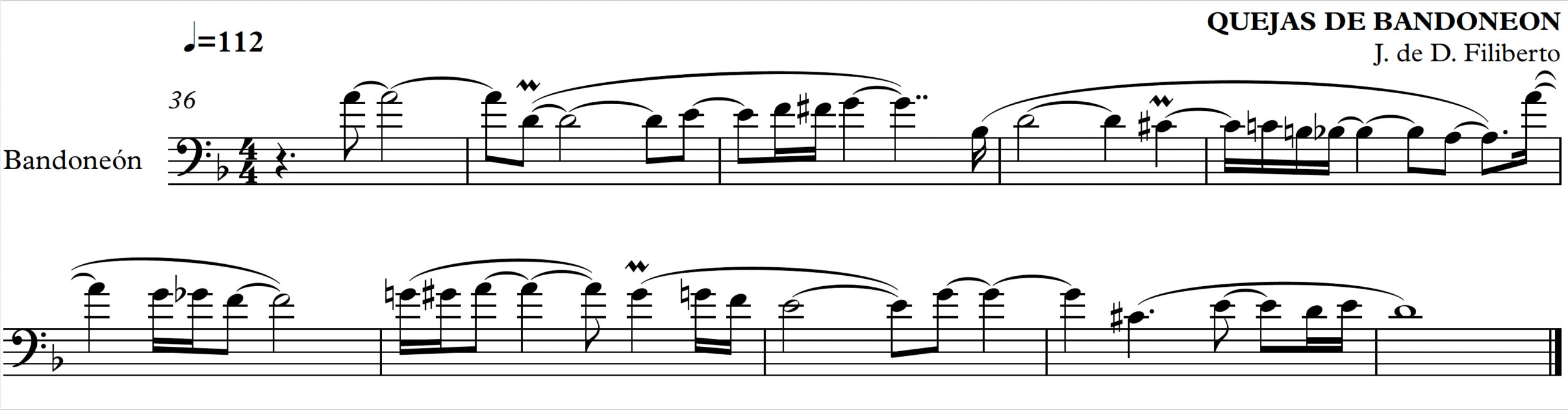 Bandoneón (left-hand) solo transcription. Begins on measure 36 on A4 and ends on measure 45 on D4. Demonstrates improvisation and ornamentation.