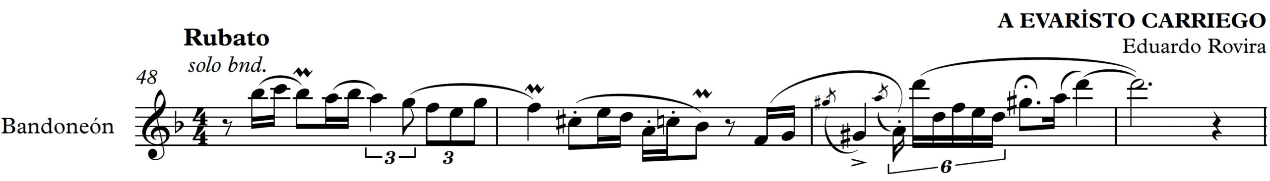 Bandoneón (right-hand) solo beginning in measure 48 on B-flat 4, melodic line descends to B-flat 4. Second half of the phrase begins on F4 and ascends to D6 at the end of measure 50. Features ornamentation throughout.