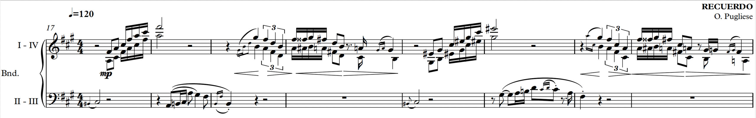 Transcription of bandoneones soli melody. Begins in measure 17 with bandoneones 2 and 3 on C#3 in the left hand and bandoneones 1 and 4 arpeggiating upward in sixths in the right hand with the upper voice beginning on F-sharp 4. Continues in dialogue between the two lines throughout excerpt.