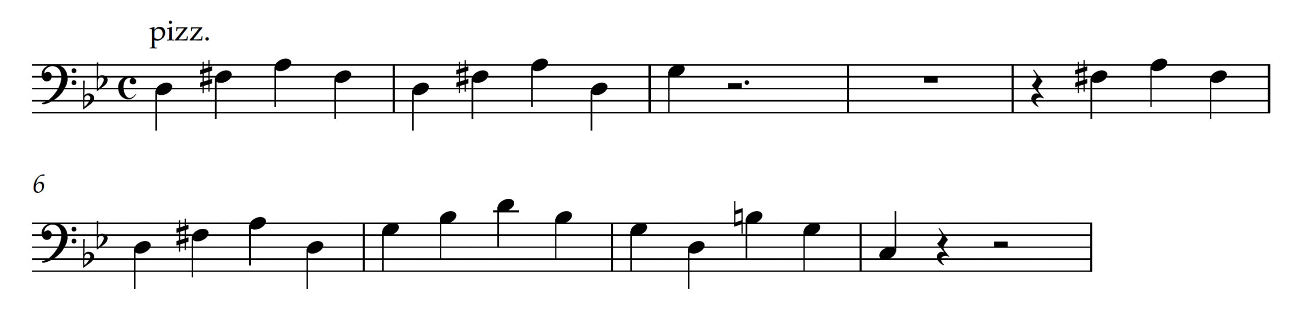 Bass line played pizzicato. Begins with two measures outlining a D major chord on D3. Then, a single G3 in measure 3. The D major broken chord begins again in measure 5 and continues through measure 6. Measure 7 moves to a broken G minor chord. Measure 8 is a broken G Major chord. Measure 9 ends with a single C3. 