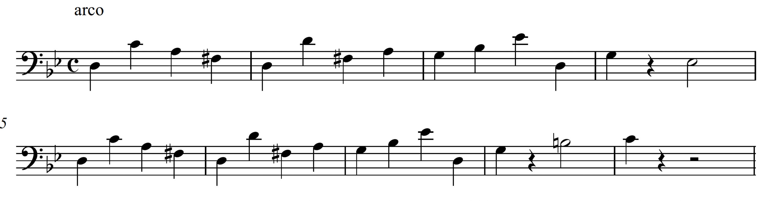 Bass line played arco or with the bow. Begins with two measures outlining a D7 chord. The opening measure is in the order of root, 7th, 5th, and 3rd. It shifts to G minor with an added E-flat in measures 3 and 4. Measures 5 through 8 follow a similar pattern, and measure 9 ends on a single C4.
