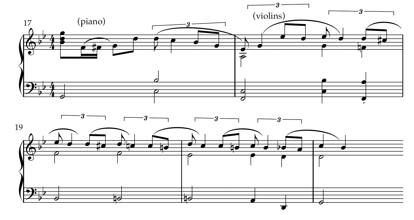 Piano transcription of fraseo. Generally follows the melodic pattern of eighth note, quarter and two eighth notes all within a larger triple quarter note figure and is overall descending.
