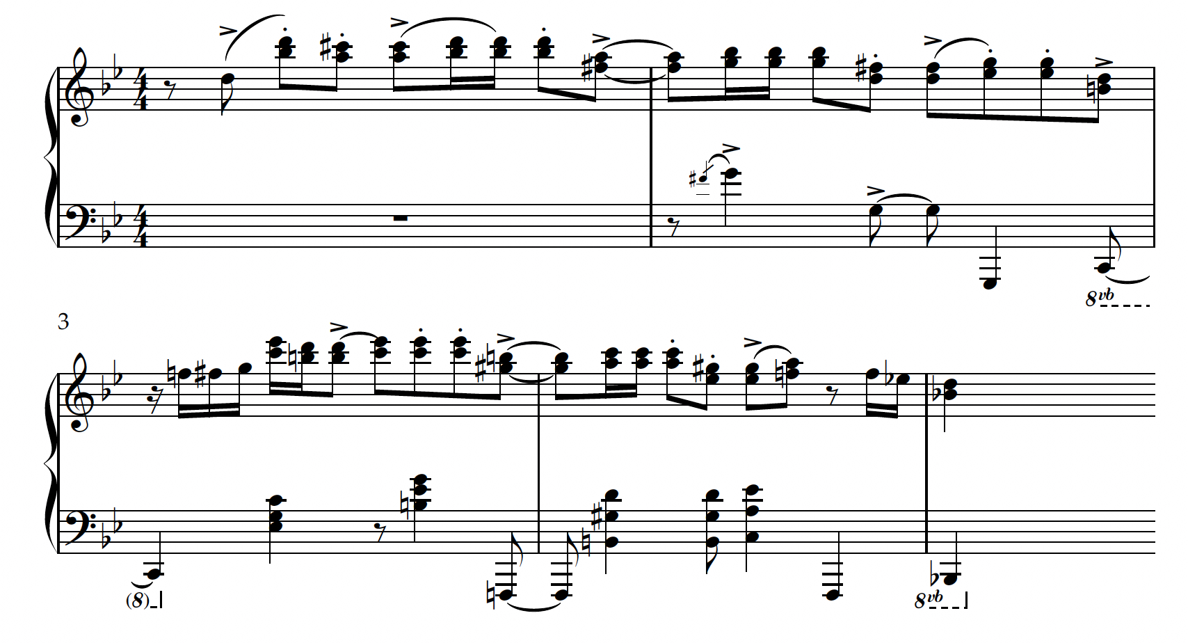 Piano transcription. Right hand melodic line is a rítmico melody in thirds that is descending. Left hand is a síncopa accompaniment spanning multiple octaves.