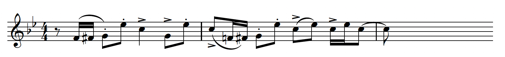 Transcription of disjunct rítmico melody. Begins with a chromatic lead in to G4, then leaps in eighth notes up a minor sixth, and is followed by minor third descent. The melody continues with this idea and eventually ends on C5.