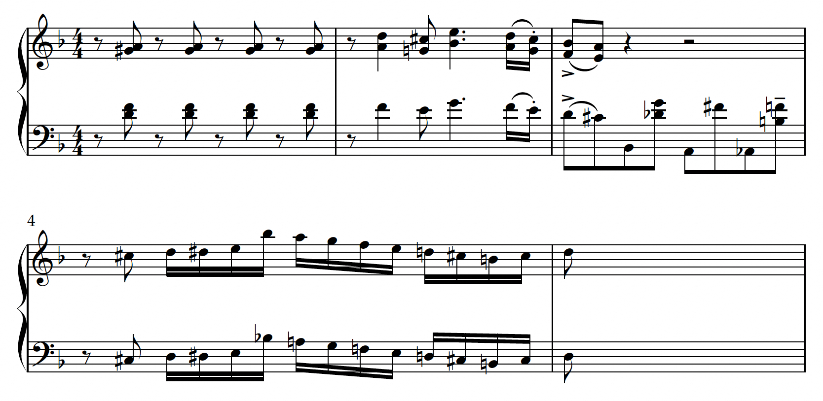 Transcription of quintet. Begins with an dissonant off-beat pattern. Ends with a chromatic flourish in sixteenth notes.