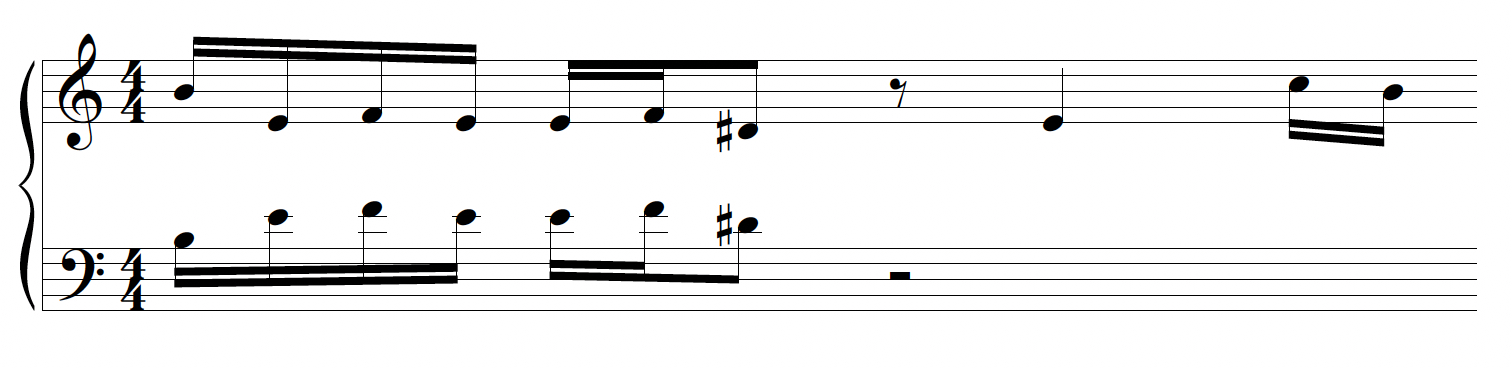 Unison melodic motive in sixteenth notes. Generally oscillates around E4.