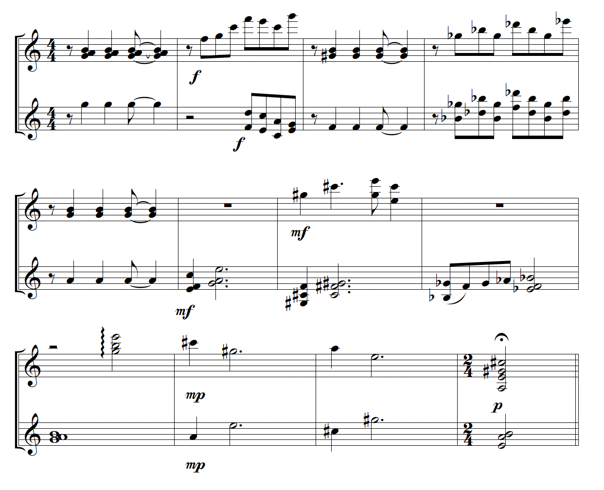 Two guitars using an open-voiced harmonization similar to a piano writing style. 