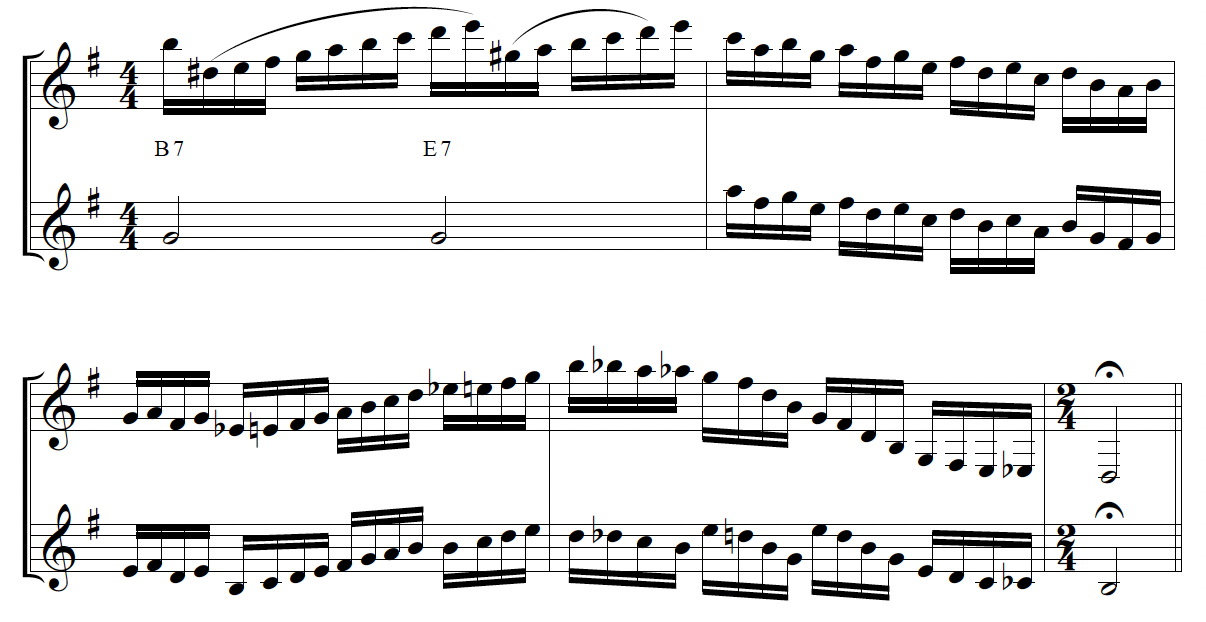 Two guitars playing fast sixteenth note phrases in 3rds and 6ths similar to a trumpet or alto saxophone duo. 
