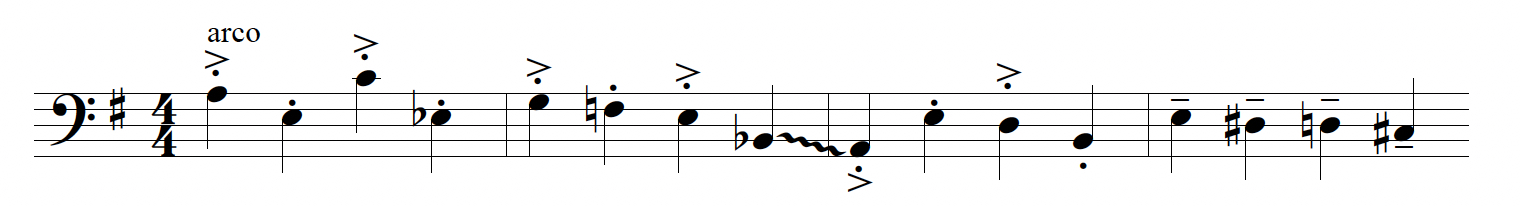 Notation of marcato in the bass with staccato quarter notes and accents on beats one and three. There is an arrastre at the end of measure two leading into measure three.