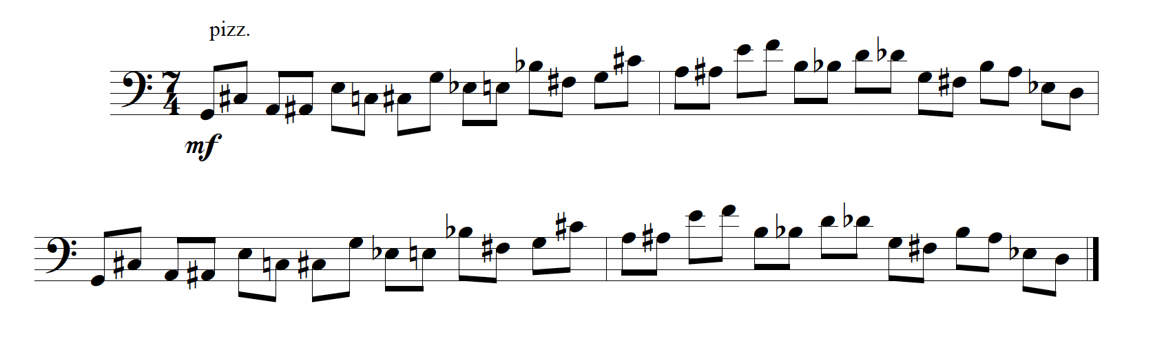 Notation of a jazz-style marcato in 7/4 with running eighth notes and filled with chromatic ornaments.