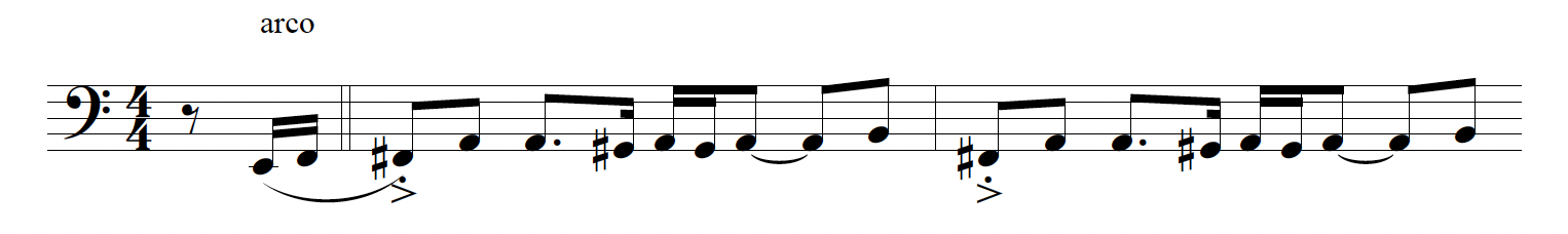 Notation of a bass motive to create a groove style within tango music. It contains dotted rhtythm, sixteenth-note lower neighbor figures, and syncopation. 