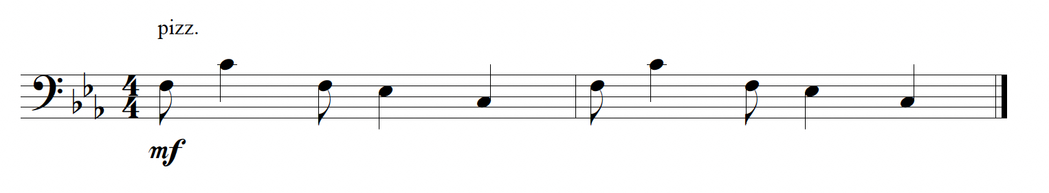 Notation of a bass motive to create a groove style within tango music. It opens with a broken chord syncopation with an eighth note followed by a quarter and eighth, and then two quarter notes. 
