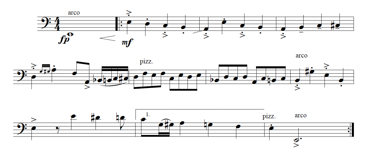 Bass notation of marcato in four with accents on beats one and three combined with arrastre leading from beat four to beat one of the next measure. The example also contains passages of pizzicato eighth notes.