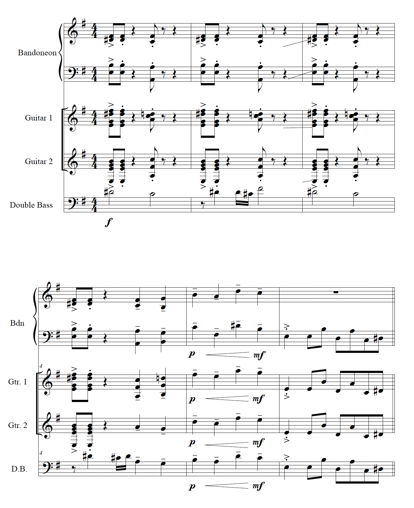 Quartet notation including bandoneon, two guitars, and bass demonstrating a melodic bass passage to resemble a cello. 