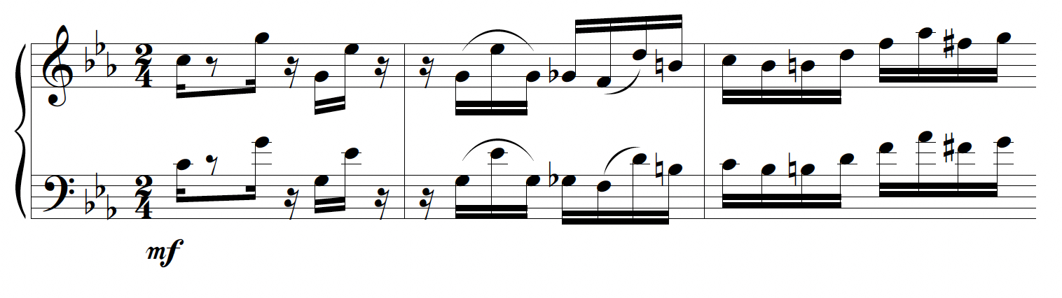 Unison melodic phrase in sixteenth notes utilizing leaps and chromatic passing tones. 