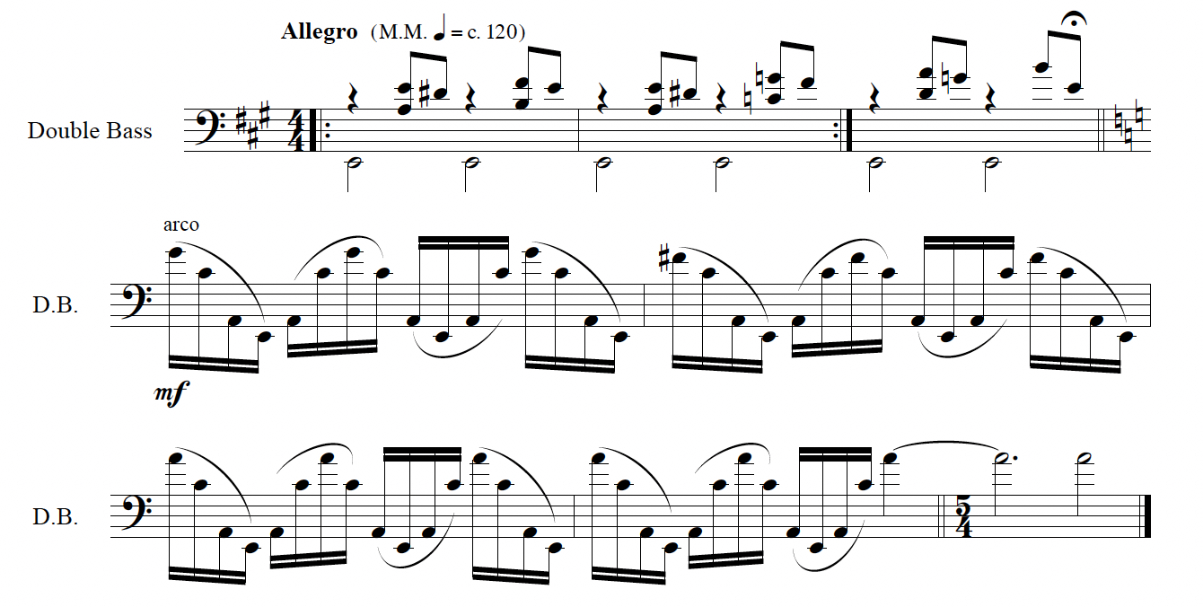 Notation of a complex double bass line with two different voices or parts. The second half of the passage is filled with arpeggiated sixteenth notes outlining chords and covering a large range. 
