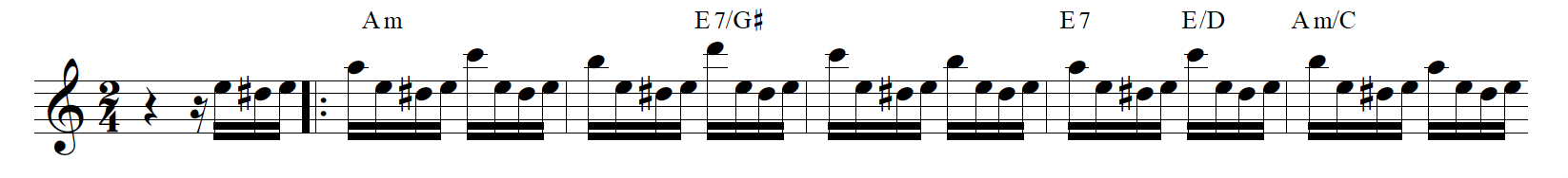 Lead-sheet notation of a standard milonga melodic line in 2/4.