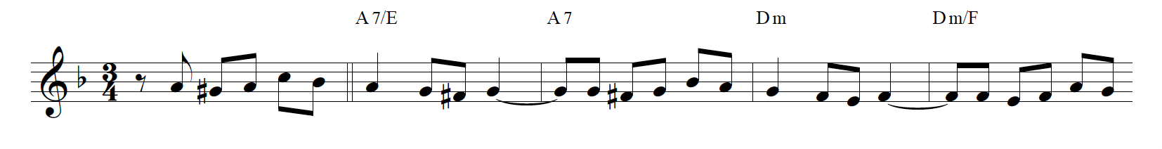 Lead-sheet notation of a standard vals melodic line in 3/4. 