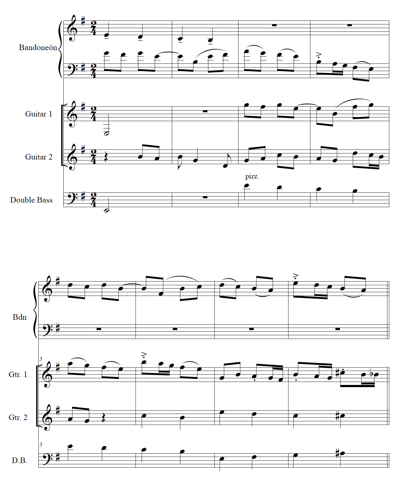 Notation of a fugue in tango. Subject begins in the bandoneón and transfers to guitar one. Guitar two and bass are playing contrapuntal parts. 