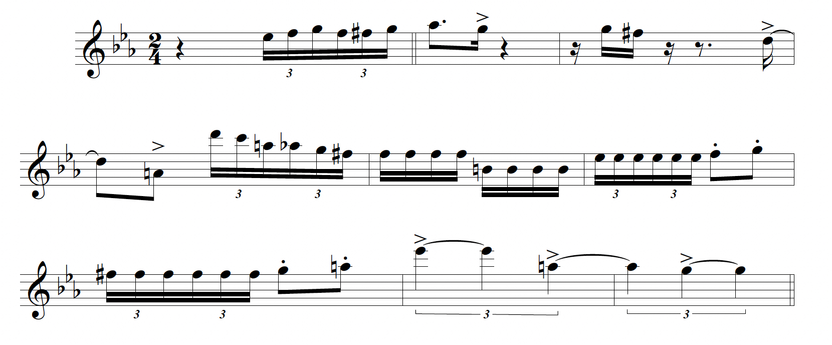 Example of a solo written out for a performer as opposed to being left to improvisation. Solo contains passages of triplet sixteenth notes as well as syncopated triplet quarter note and spans a little over an octave in the treble clef.