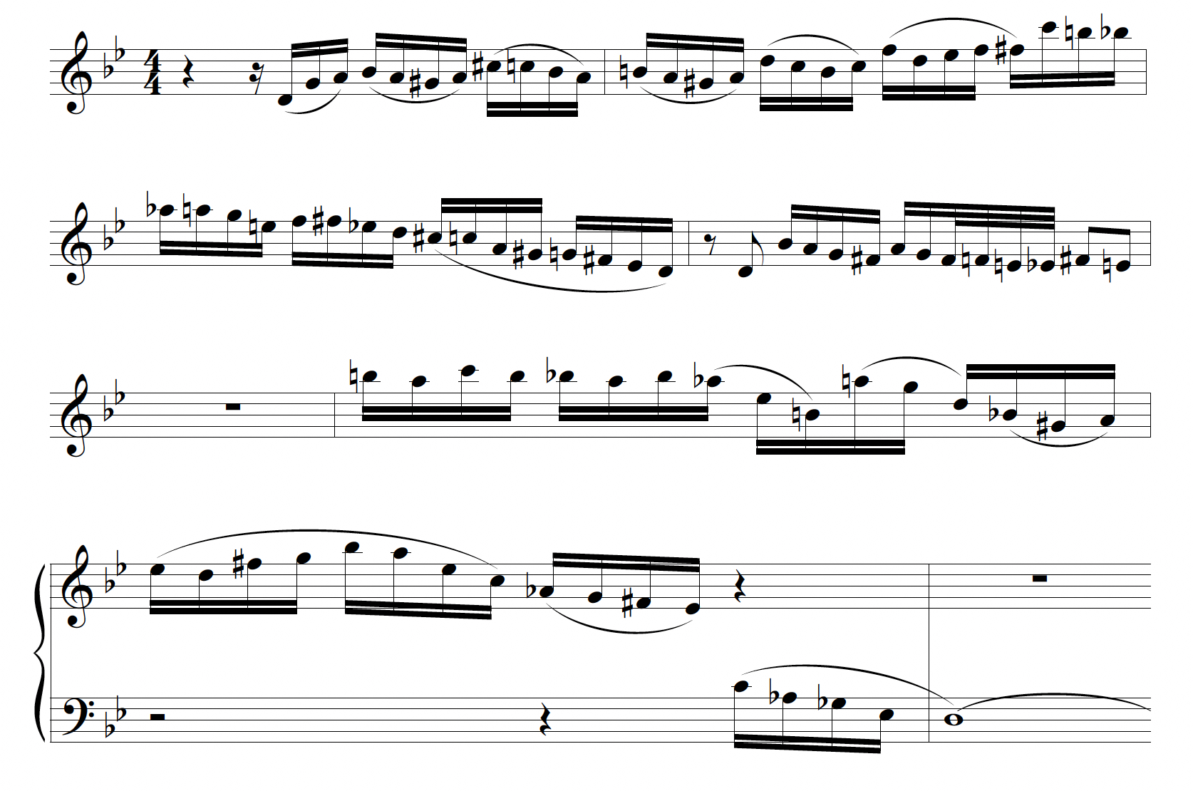 Alt text: Highly chromatic bandoneón melodic phrases spanning from D3 to C5. 