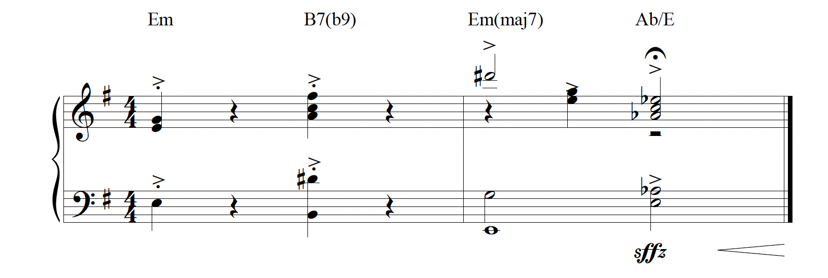 Four extended chords; E minor, B7 with an added flat 9, E minor with an added major 7th, and A-flat major with an E in the bass. 