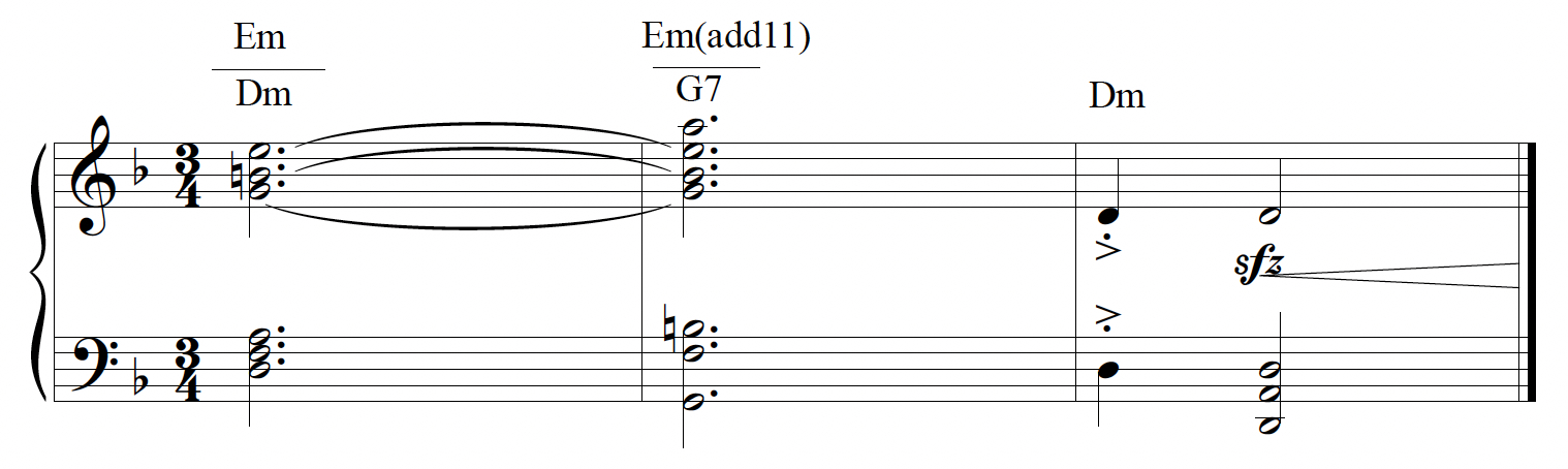 Two polychords. The first is an E minor chord over a D Minor chord and the second is an E minor chord with an added 11th over a G7 chord. The example ends on D Minor chord. 
