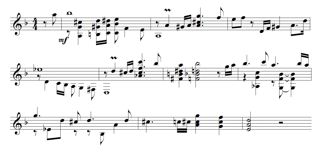 A guitar writing style in which the melodic is played simultaneously above the chord. 