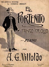 A yellow-beige background features a drawing of a compadrito standing with his right hand in his pocket and his shadow projected behind him. The cover also displays the dedication, title, author, and publication information. 