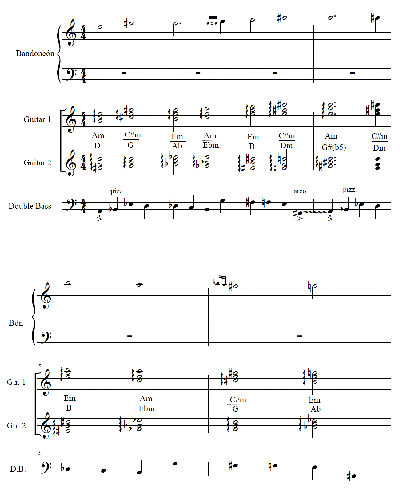 Score for bandoneón, two guitars, and double bass featuring clear polychords between the two guitars. The first chord is a D Major chord in guitar two with an A Minor chord in guitar one. 