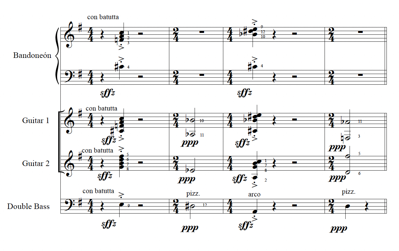 Score with bandoneón, two guitars, and double bass utilizing all twelve chromatic pitches.