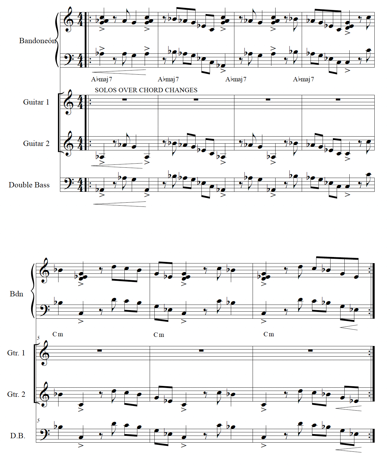 Score for bandoneón, two guitars, and double bass. Bandonéon, guitar two, and bass vamp playing four measures of A-flat major seven and four measures of C minor. Guitar one solos over this vamp.